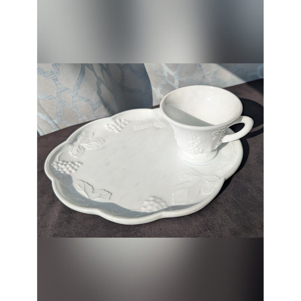 Vintage Indiana Glass Colony Harvest Grape Milk Glass Snack Set Plate & Cup